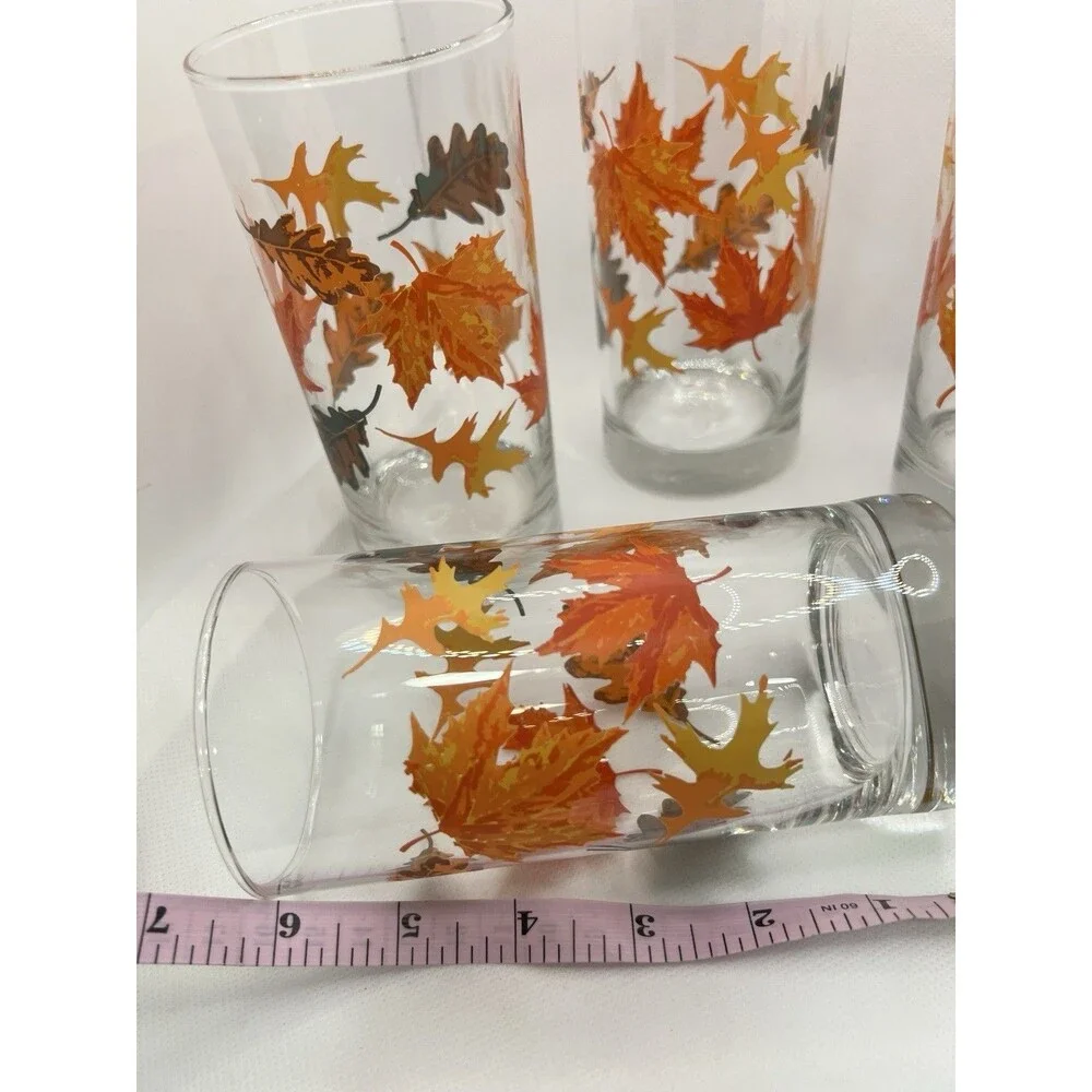 4 glasses Autumn Fall Leaves Glasses Orange Yellow tumbler table fall season